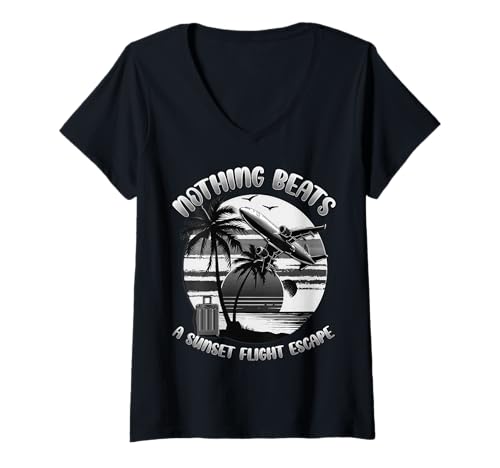 Damen Escape into the sunset - ADVENTURE TAKES OFF HIER T-Shirt mit V-Ausschnitt von Sunset Wanderlust Travel Art Studio