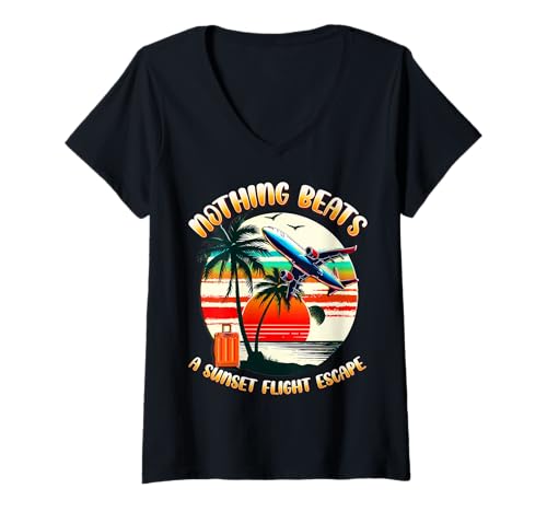 Damen Nichts geht über einen Flug bei Sonnenuntergang – Retro Travel Vibe T-Shirt mit V-Ausschnitt von Sunset Wanderlust Travel Art Studio