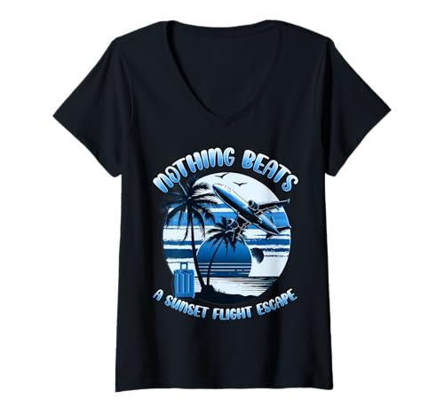 Damen Nichts übertrifft einen tropischen Flug bei Sonnenuntergang T-Shirt mit V-Ausschnitt von Sunset Wanderlust Travel Art Studio