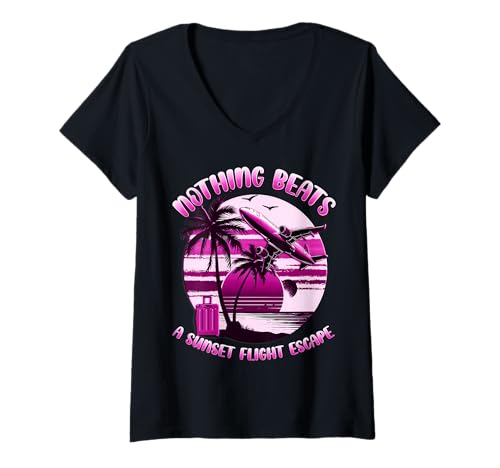 Damen SUNSET FLIGHT ESCAPE - TROPISCHER VACAY STYLE FÜR SIE T-Shirt mit V-Ausschnitt von Sunset Wanderlust Travel Art Studio