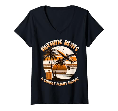 Damen Sonnenuntergang Flucht Modus EIN – DURCH DAS PARADIES JETZT T-Shirt mit V-Ausschnitt von Sunset Wanderlust Travel Art Studio