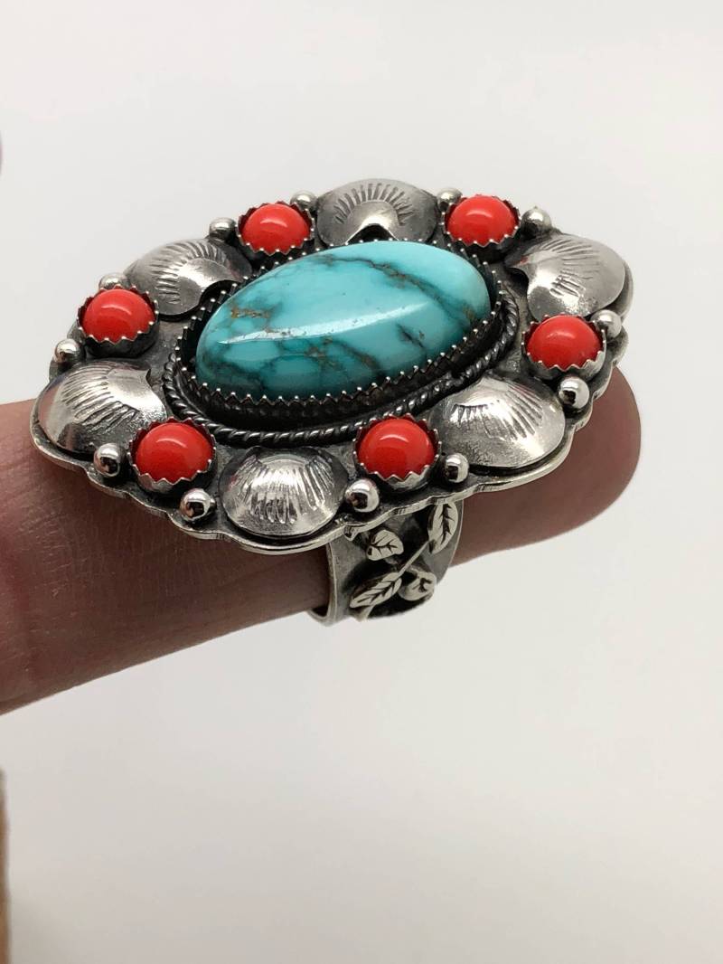 Sierra Nevada Türkis Und Koralle Cluster Statement Ring in Stering Silber, Handgefertigten Schmuck Sierra Nevada Türkis Und Koralle Cluster Statement Ring in Stering Silber, Handgefertigten Schmuck von SunsetSilverDesigns