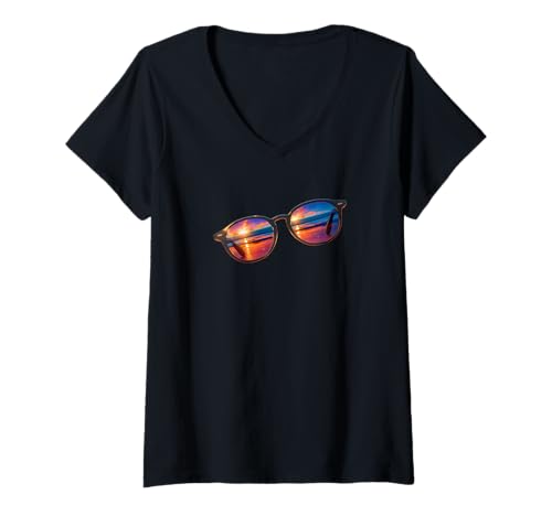 Damen Sonnenbrille.Sommersonnenschein, T-Shirt mit V-Ausschnitt von Sunshine, Ocean and the Beach