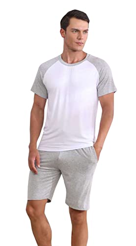 Herren Pyjama Set Kurzarm Baumwolle Sommer Raglan Hemd und Shorts Weiche Bequeme Nachtwäsche, grau, weiß, X-Large von Sunshine Chow