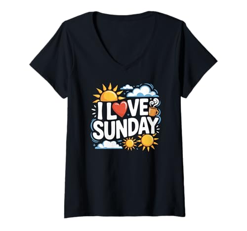 Damen Ich Liebe Sunday Sun Coffee Relaxing Vibes T-Shirt mit V-Ausschnitt Damen Ich Liebe Sunday Sun Coffee Relaxing Vibes T-Shirt mit V-Ausschnitt von Sunshine Coffee Clouds Happy Day Relaxation