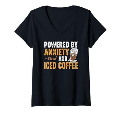 Damen Angetrieben von Angst und Eiskaffee T-Shirt mit V-Ausschnitt Damen Angetrieben von Angst und Eiskaffee T-Shirt mit V-Ausschnitt von Sunshine Design Co.