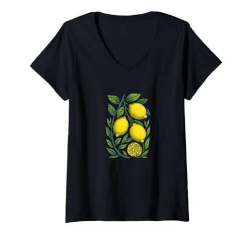 Damen Zitronen frisches Obst Retro Design für Küche und Sommer Vibes T-Shirt mit V-Ausschnitt von Sunshine Grove Emporium