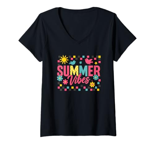 Damen Summer Vibes Bunte Sonnenschein-Grafik T-Shirt mit V-Ausschnitt Damen Summer Vibes Bunte Sonnenschein-Grafik T-Shirt mit V-Ausschnitt von Sunshine Patterns Summer Fun Graphics