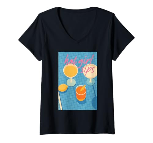 Damen Hot Girl Sips Retro Cocktailgläser Pool Party Trinkkunst T-Shirt mit V-Ausschnitt Damen Hot Girl Sips Retro Cocktailgläser Pool Party Trinkkunst T-Shirt mit V-Ausschnitt von Sunshine Vibes Retro Coastal Style Aesthetic Wear