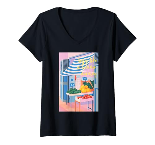 Damen Lazy Like a Summer Morning Fruit Market Ästhetisch Tropisch T-Shirt mit V-Ausschnitt Damen Lazy Like a Summer Morning Fruit Market Ästhetisch Tropisch T-Shirt mit V-Ausschnitt von Sunshine Vibes Retro Coastal Style Aesthetic Wear
