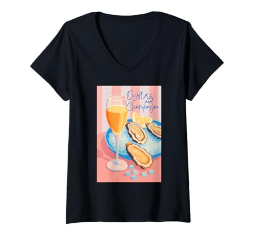 Damen Retro Austern und Champagner Party Shirt für Meeresfrüchte-Liebhaber T-Shirt mit V-Ausschnitt Damen Retro Austern und Champagner Party Shirt für Meeresfrüchte-Liebhaber T-Shirt mit V-Ausschnitt von Sunshine Vibes Retro Coastal Style Aesthetic Wear