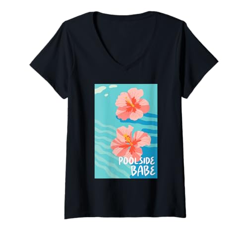 Damen Tropischer Hibiskus Pool Poolside Babe Summer Vibes Urlaub T-Shirt mit V-Ausschnitt Damen Tropischer Hibiskus Pool Poolside Babe Summer Vibes Urlaub T-Shirt mit V-Ausschnitt von Sunshine Vibes Retro Coastal Style Aesthetic Wear