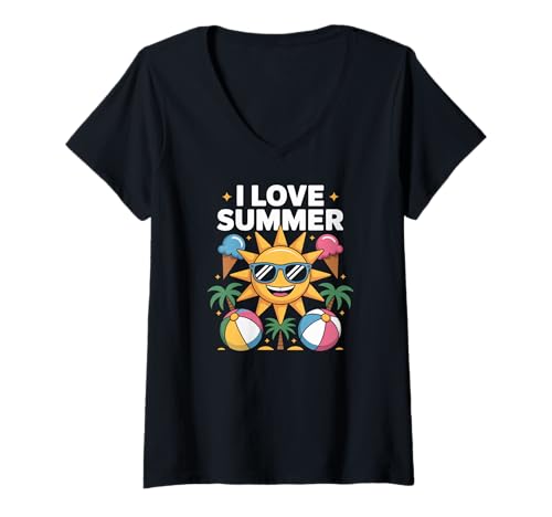 Damen Ich liebe Summer Sun Beach Balls Ice Cream Fun T-Shirt mit V-Ausschnitt Damen Ich liebe Summer Sun Beach Balls Ice Cream Fun T-Shirt mit V-Ausschnitt von Sunshine Vibes Summer Fun Beach Days