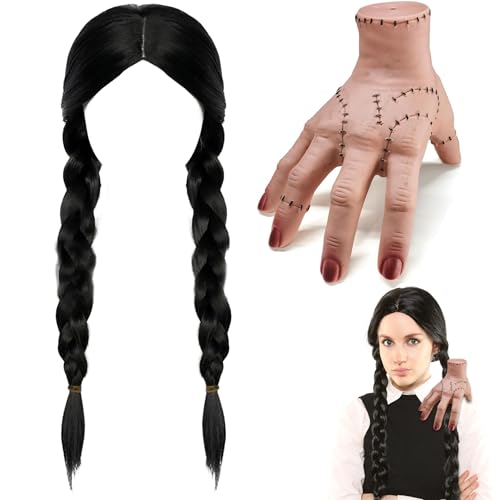 Addams Perücke für Damen,Geflochtene Perücken Schwarze für Wednesday,Mittwoch Addams Lange Zöpfe,Synthetische Perücken für Cosplay Wednesday für Halloween Karneval Kostüm,SET mit Eiskaltes Händchen von Sunshine smile