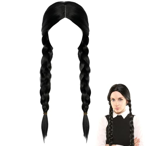 Addams Perücke für Damen Mädchen,Doppeltem Geflochtene Perücken Schwarze für Wednesday,Mittwoch Addams Lange Zöpfe,Synthetische Perücken für Cosplay Wednesday für Halloween Karneval Kostüm von Sunshine smile