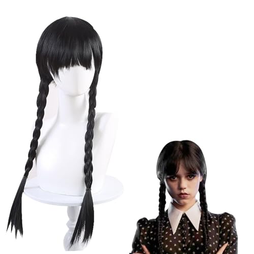Addams Perücke für Damen Mädchen,Doppeltem Geflochtene Perücken Schwarze für Wednesday,Mittwoch Addams Lange Zöpfe,Synthetische Perücken für Cosplay Wednesday für Halloween Karneval Kostüm von Sunshine smile