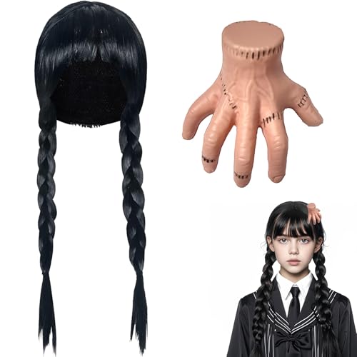 Addams Perücke für Damen,Perücken Schwarze für Wednesday,Addams Perücke Lange Zöpfe,Synthetische Perücken für Cosplay Wednesday für Halloween Karneval Kostüm,SET mit Hand und Haarnadel von Sunshine smile