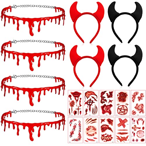 Halloween Blut Halskette Set 18 Stück, 4 Halloween Tropfen Blut Halskette + 10 Halloween Narben Tätowierung + 4 Teufel Hörner Haarreifen, Halloween Haarschmuck, Halloween Kostüm Makeup Schmuck von Sunshine smile