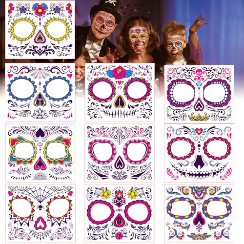 Halloween Gesicht Tattoos,10 Kits Halloween Leuchtende Tattoos Gesicht,Sicherheit Temporäre Gesichtstattoos,Scary Face Makeup,Tag der Toten Make-up,Blätter Narben Tattoo für Maskerade und Partys von Sunshine smile