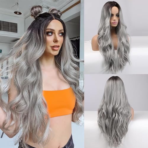 Halloween Perücke Grau Damen, Lange Graue Ombré Perücke, Ombre Silber Grau Lang Lockig, Synthetische Perücke, Natürliche Synthetische Haare für Damen Täglichen Gebrauch Geeignet von Sunshine smile