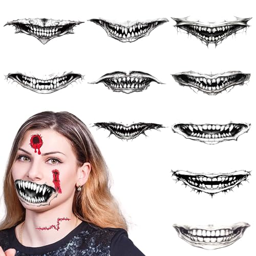 Halloween Tattoos Totenkopf,10 Halloween Mund Tattoo,Halloween Tattoo Aufkleber,Halloween Narben Tattoo,Gesicht Saufkleber,Halloween Gesicht Tattoo,Halloween Temporäre Tattoos für Kinder Erwachsener von Sunshine smile