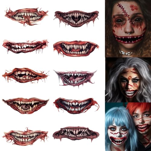 Halloween Tattoos Totenkopf,10 Halloween Mund Tattoo,Halloween Tattoo Aufkleber,Halloween Narben Tattoo,Gesicht Saufkleber,Halloween Gesicht Tattoo,Halloween Temporäre Tattoos für Kinder Erwachsener von Sunshine smile