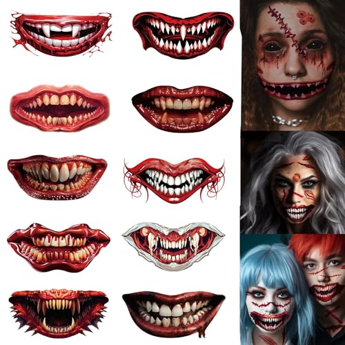 10 Stück Halloween Temporäre Tattoos,Halloween Tattoo Gesicht,Wunden Halloween,Tattoo Halloween Narben,Wunde Tattoo,Halloween Mund Tattoo,Skelett Tattoo,Halloween Tattoo Gesicht Geist,Tattoo Narben von Sunshine smile