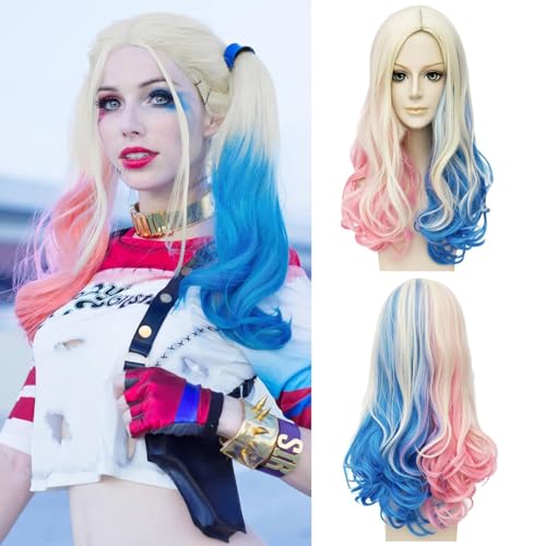 Perücke für Harley Quinn,Blond Blau Rosa Perücken,Quinn Cosplay Perücke,Perücke Mädchen Kinder,Perücke Superhelden Kostüm,Lockig Damen Perücke,Lang Cosplay Perücke für Fasching Cosplay Karneval von Sunshine smile