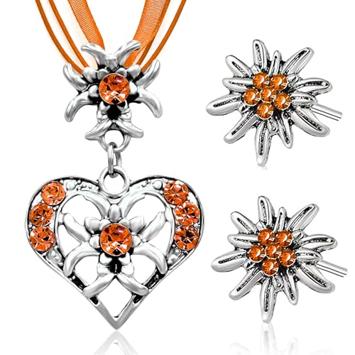 3 Stück Trachtenkette Wiesnherz,Trachtenschmuck Damen Set,Oktoberfest Trachtenschmuck Damen,Edelweiss Dirndl Schmuck für Damen Bierfest Trachten Dirndl Outfit Accessoires Oder Lederhose Damen Tracht von Sunshine smile