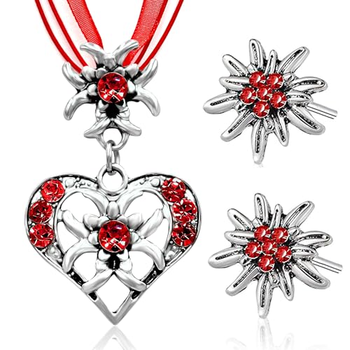 Sunshine smile 3 Stück Trachtenkette Wiesnherz,Trachtenschmuck Damen Set,Oktoberfest Trachtenschmuck Damen,Edelweiss Dirndl Schmuck für Damen Bierfest Trachten Dirndl Outfit Accessoires Oder （Rot） von Sunshine smile