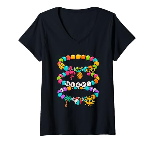 Damen Miami Freundschaftsarmband Stack Beachy Florida Icons T-Shirt mit V-Ausschnitt Damen Miami Freundschaftsarmband Stack Beachy Florida Icons T-Shirt mit V-Ausschnitt von Sunshine & Beads Collective