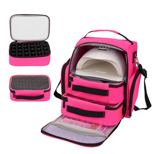 SunshineFace Nagellack-Organizer-Tasche, großer Nagellack-Organizer für 48 Flaschen, Nagellampe, doppellagig, Nagellack-Aufbewahrungstasche, Nagelzubehör für Frauen und Mädchen, rosig von SunshineFace