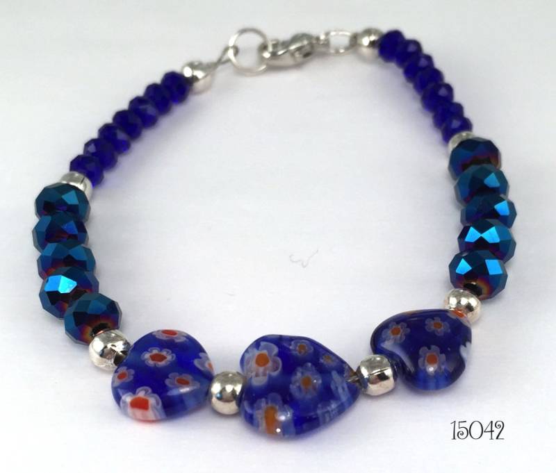Cobalt Blau Millefiori Puffed Herzen Mit Irisierende Druckfarbe Blau Und Kobaltblau Facettierte Rondelle Kristall Perlen Stapeln Freundschaft Armband von SunshineSmilesStudio