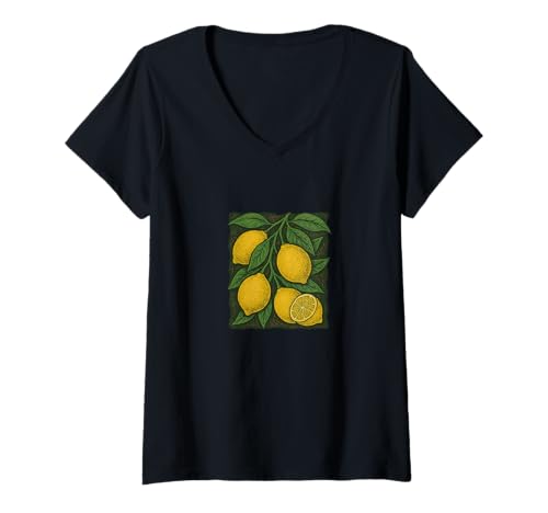Damen Zitronen frisches Obst Retro Design für Küche und Sommer Vibes T-Shirt mit V-Ausschnitt von Sunshines Grove Emporiums