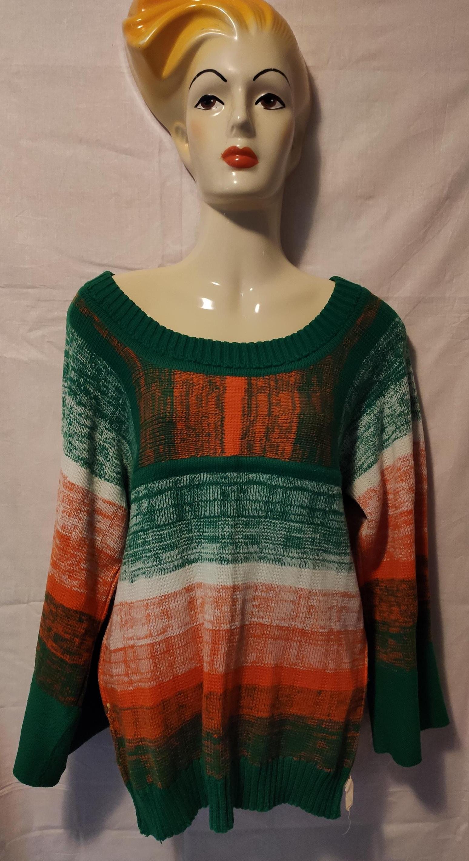 Vintage Pullover Grün/Orange Baumwolle Handgestrickt von SunsideVintage