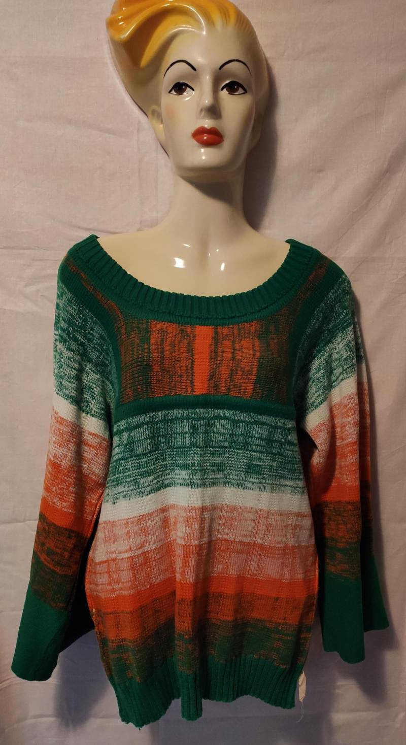 Vintage Pullover Grün/Orange Baumwolle Handgestrickt von SunsideVintage