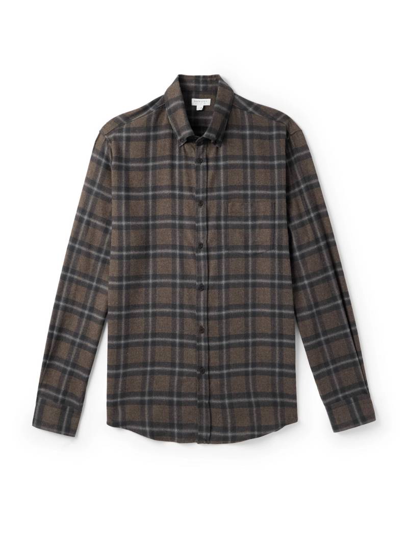 Sunspel - Button-Down Collar Checked Brushed Cotton-Flannel Shirt - Men - Brown - XXL von Sunspel