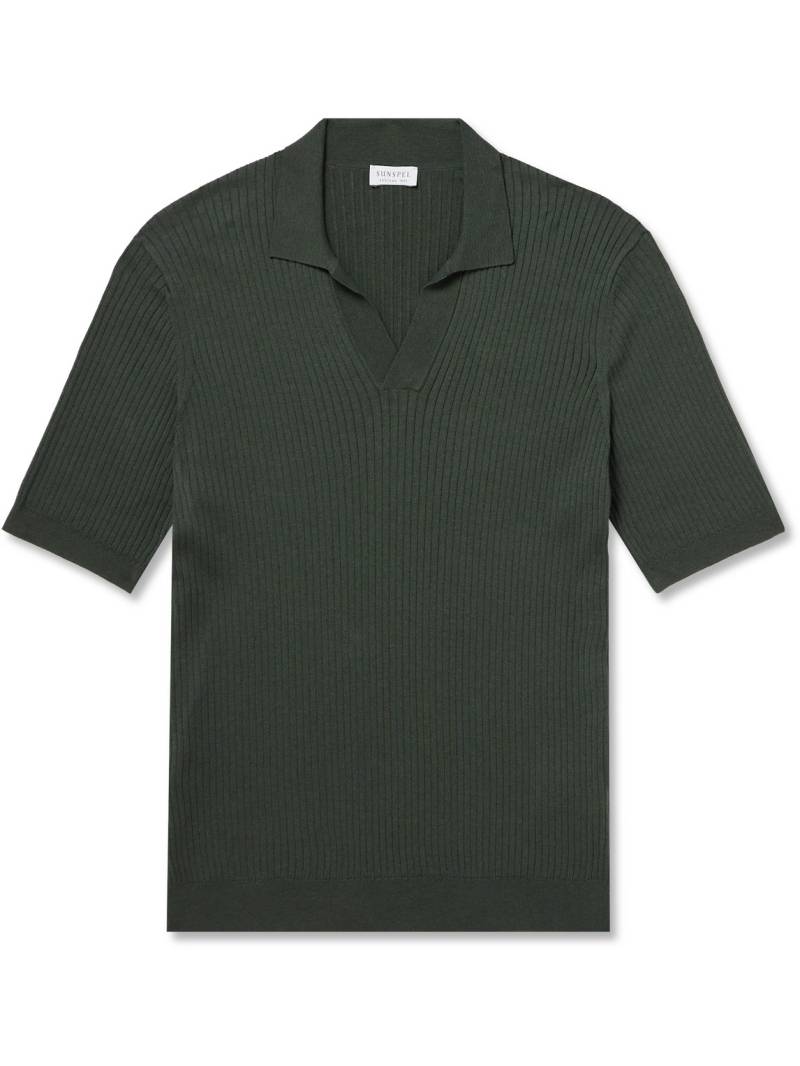 Sunspel - Ribbed Mulberry Silk and Organic Cotton-Blend Polo Shirt - Men - Green - XXL von Sunspel