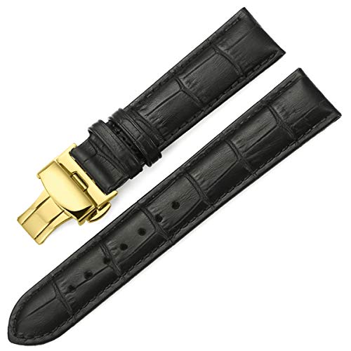 18mm 19mm 20mm 21mm 22mm 24mm Leder Uhrenarmband-Bügel mit Gold Faltschließe Armband schwarz mit schwarzem 24mm von Sunsshine