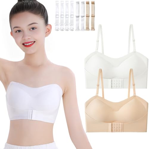 Mädchen Trägerloser BH Nahtloser Bandeau-BH 2er-Pack Bügellose Sport Unterwäsche Tanzballett Unsichtbares Bralette Trainings-BHS mit wandelbaren Trägern für 10-12 Jahre von Sunvivid