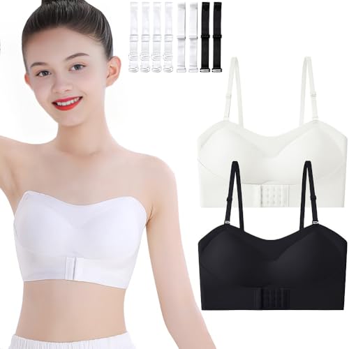 Mädchen Trägerloser BH Nahtloser Bandeau-BH 2er-Pack Bügellose Sport Unterwäsche Tanzballett Unsichtbares Bralette Trainings-BHS mit wandelbaren Trägern für 14-16 Jahre von Sunvivid