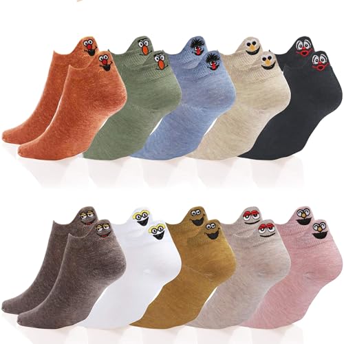 Sunvivid 10 Paar Damen Lustige Socken Baumwolle Komfortabel Bunte Kurz Socken Niedlich Karikatur Bestickte Sportsocken für Frauen und Mädchen Größe: 35-40 von Sunvivid