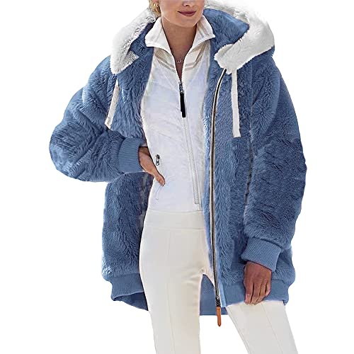 Sunvivid Damen Teddy-Fleece Mantel Warm Herbst Winter Kapuzenpullover Flauschig Langarm Plüschjacke Sweatshirt mit Kapuze und Taschen von Sunvivid