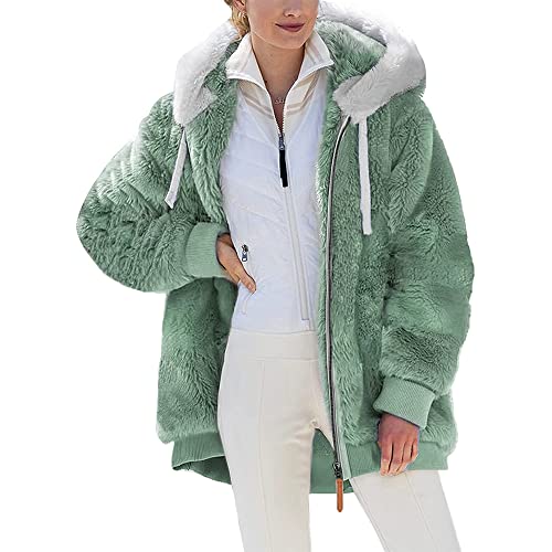 Sunvivid Damen Teddy-Fleece Mantel Warm Herbst Winter Kapuzenpullover Flauschig Langarm Plüschjacke Sweatshirt mit Kapuze und Taschen von Sunvivid