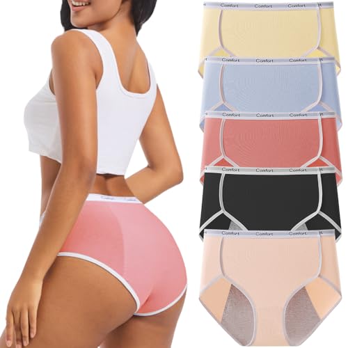 Sunvivid Perioden Unterwäsche Damen Baumwolle Periodenunterschwäsche Starke Strömungsabsorption Menstruationsunterwäsche Unterhosen Postpartum Slips 5er Pack von Sunvivid