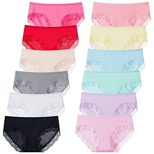 Sunvivid Teenager Mädchen Unterhosen Baumwolle Spitze Unterwäsche Bequeme Taillenslips Panties Höschen für 8-18 Jahren Kinder - 12er Pack von Sunvivid