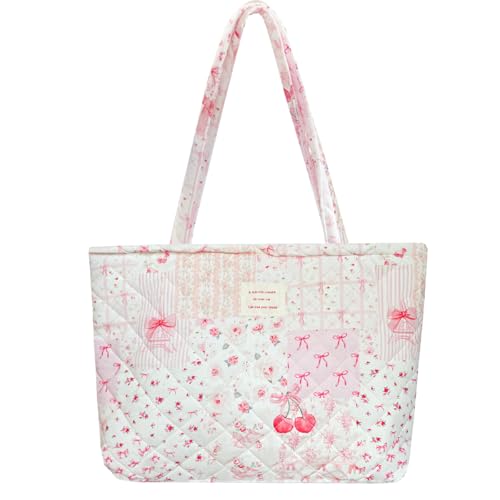 Sunwel Fashion Damen Tasche mit Reißverschluss, gesteppt, Blumenmuster, kleine Tragetasche für Arbeit, Reisen, Fitnessstudio, Shopping, Strand, Pinkcherrybow von Sunwel Fashion