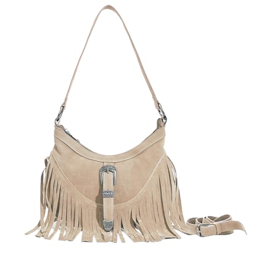 Sunwel Fashion Kleine Western Fransen Unterarmbörse Mini Hipppie Umhängetasche mit Quaste für Damen, Hautfarben, Medium von Sunwel Fashion