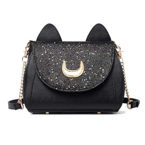 Sunwel Fashion Damen Kawaii Handtasche Cosplay Gothic Crossbody Katze und Mond Geldbörse Pailletten Satchel Umhängetasche, Schwarz von Sunwel Fashion