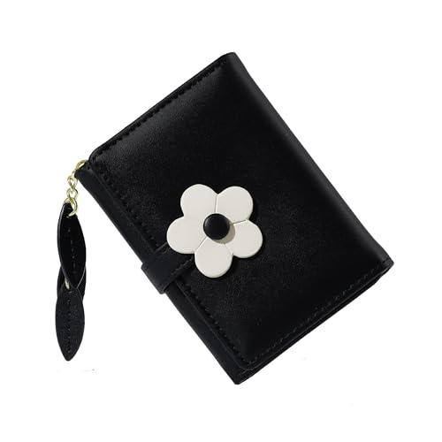 Sunwel Fashion Kleine Brieftasche für Ausweis, Fotofenster, 7 Kreditkartenfächer, mit 3D-Blumen- und Blatt-Anhänger für Frauen und Mädchen, Schwarz, Blume von Sunwel Fashion